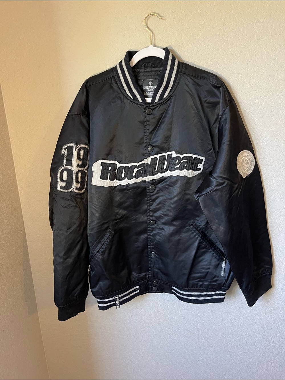 Rocawear Roc Denim Corp 1999 Black Varsity Bomber Jacket Men’s L Y2K Hip Hop